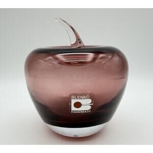 BLENKO Hand Blown Art Glass Light Purple Apple Paperweight 5” Original Sticker